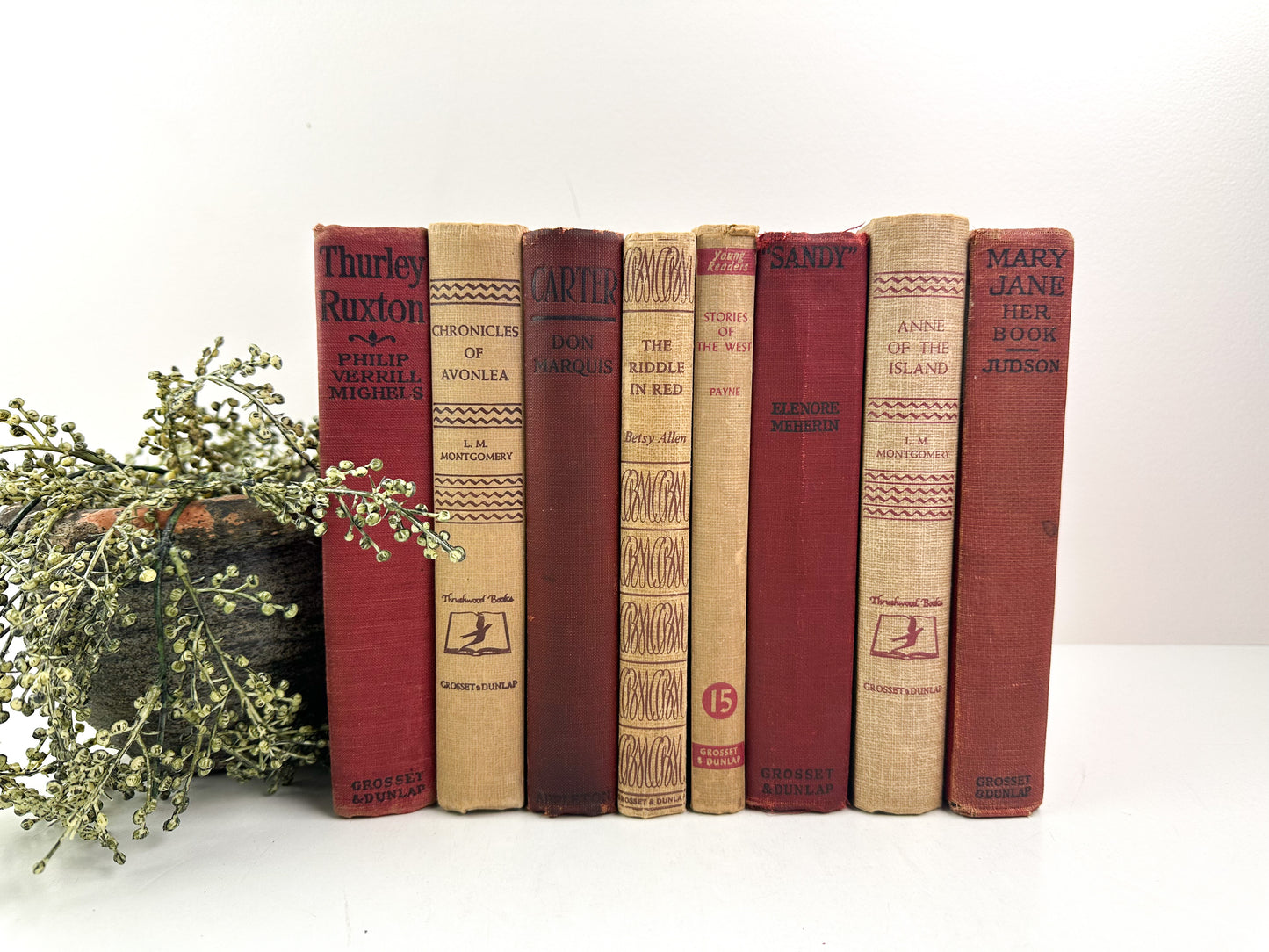 Maroon and Cream Bookshelf Decor