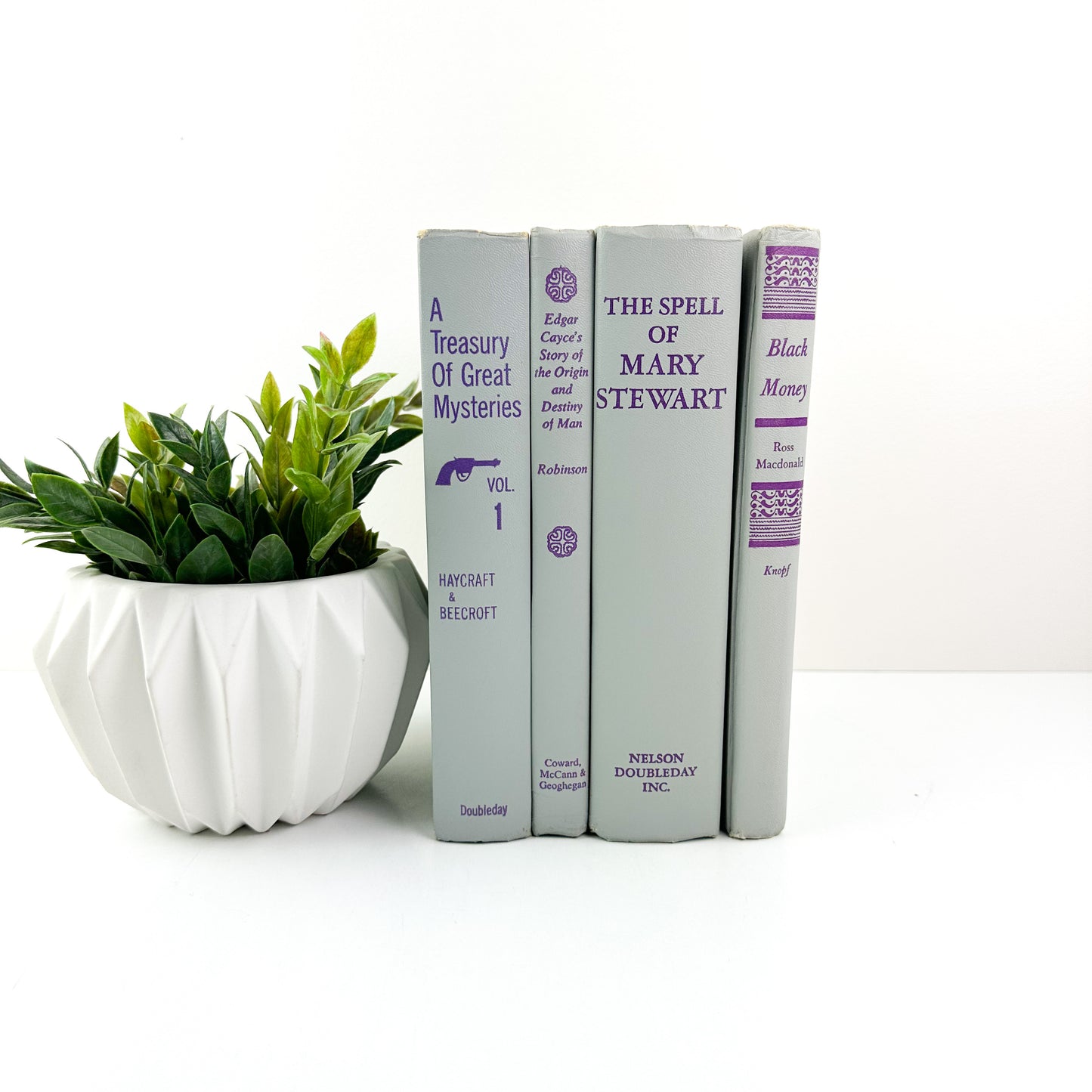 Purple and Gray Bookshelf Decor