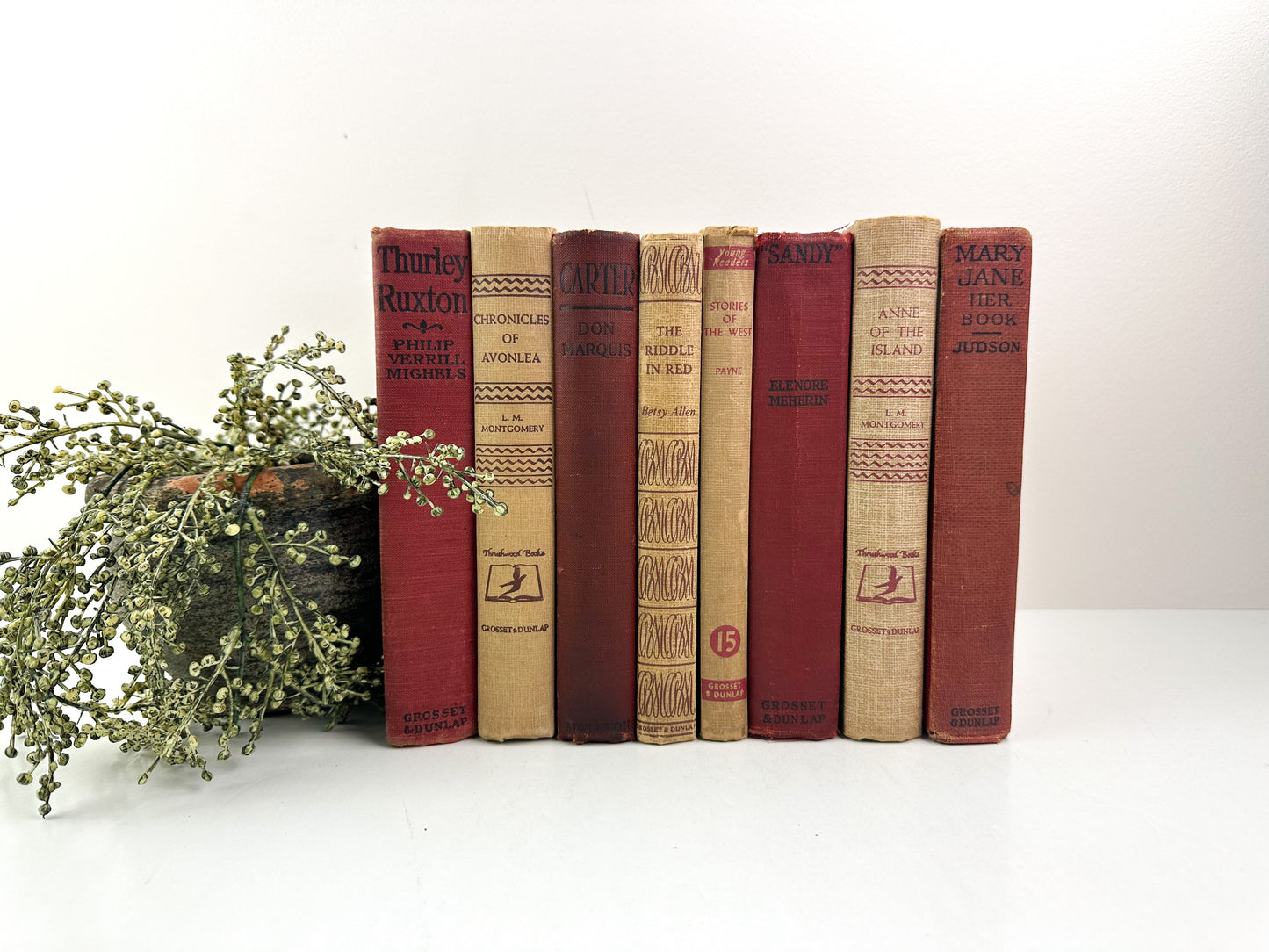 Maroon and Cream Bookshelf Decor