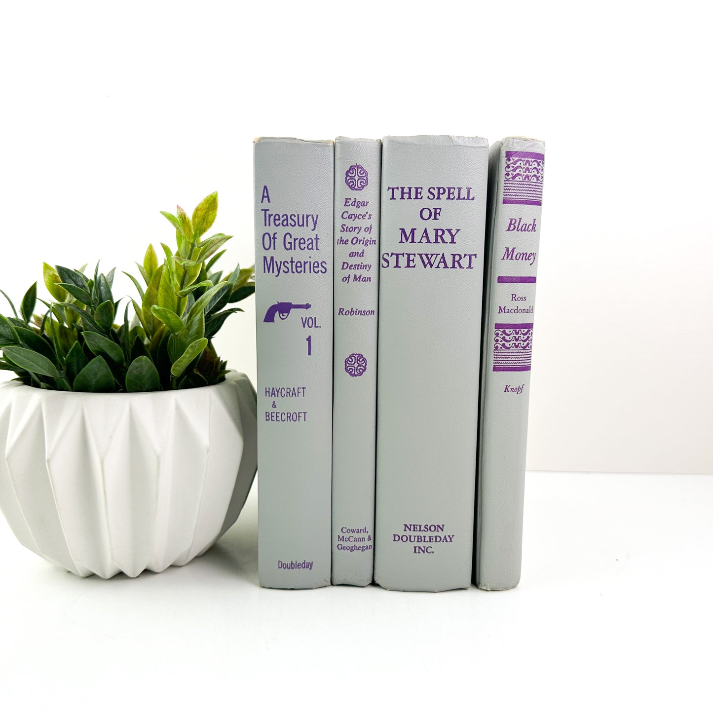 Purple and Gray Bookshelf Decor