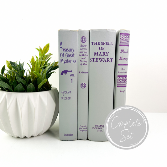 Purple and Gray Bookshelf Decor