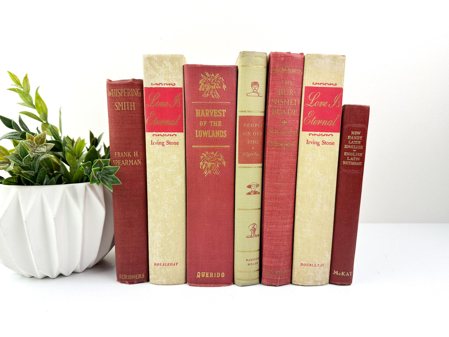 Red and Cream Stack of Books, Vintage Books, Shelf Accessories, Christmas Decor