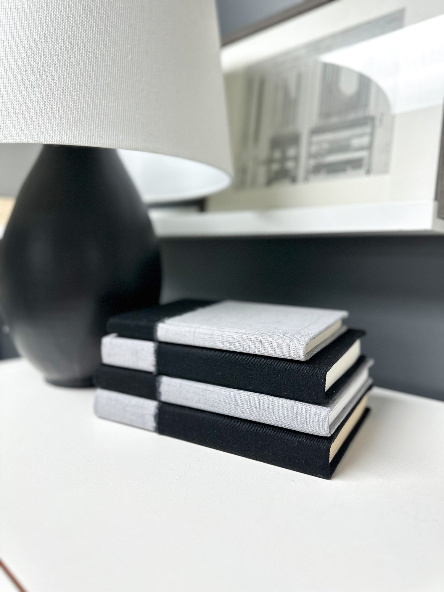 Gray and Black Fabric Covered Books, Modern Mantel Decor, Gray Shelf Decor