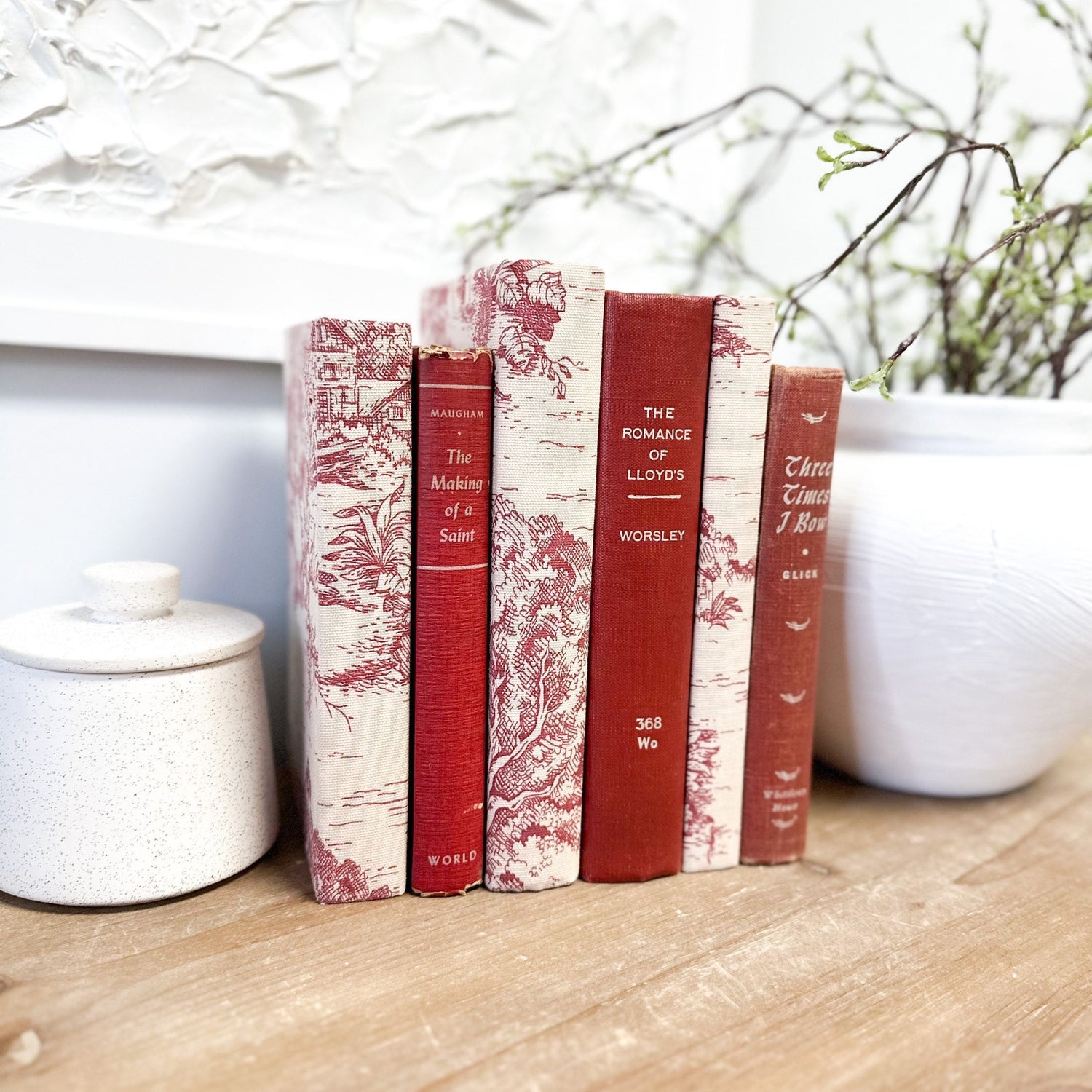 Red Decorative Book Set, Fabric Covered Books, Farmhouse Decor