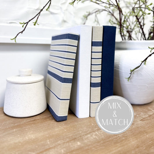 Blue Striped Decorative Books, Shelf Decor, Designer Books, Coastal Decor