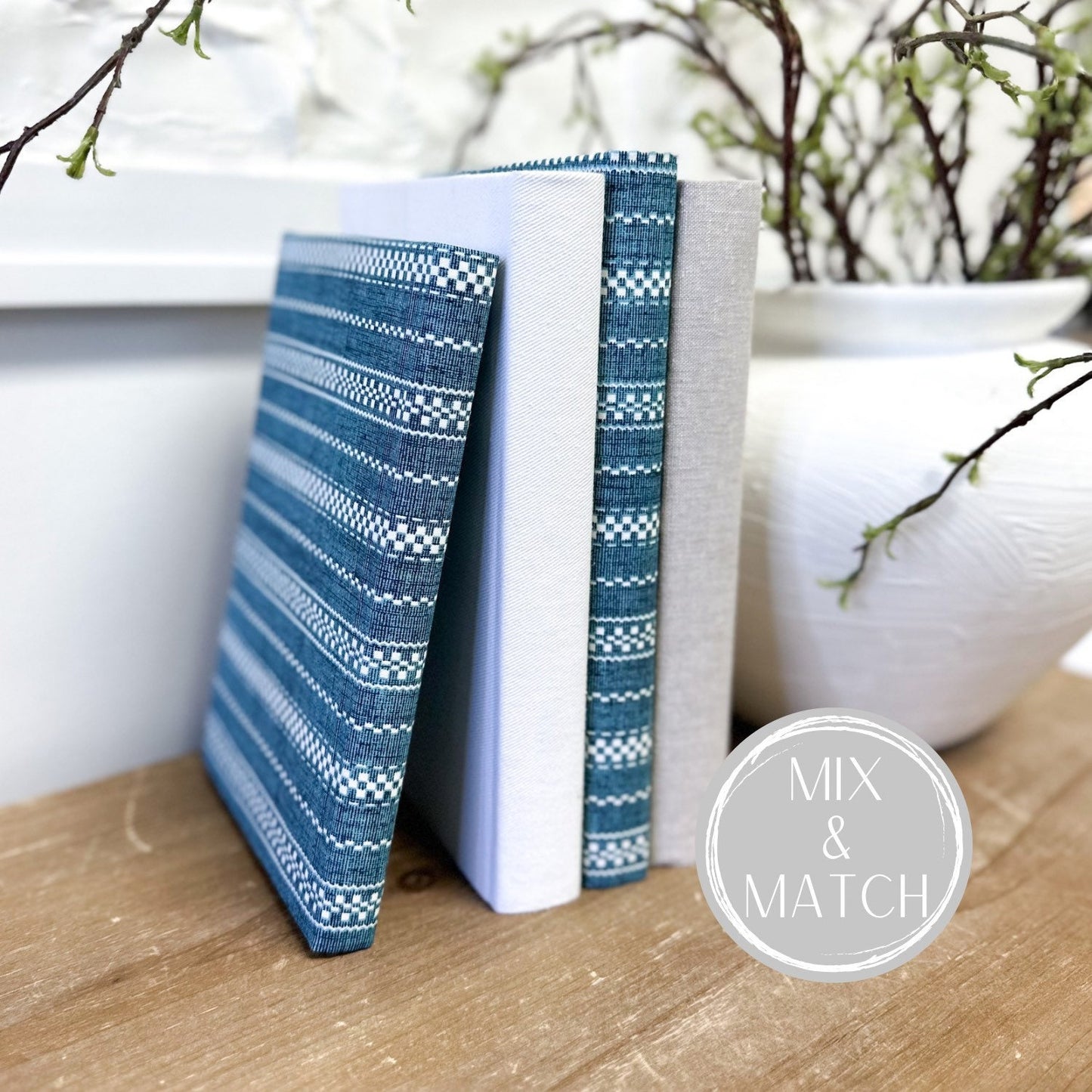 Blue and White Decorative Books, Shelf Decor, Mantel Decor, Fabric Covered Books