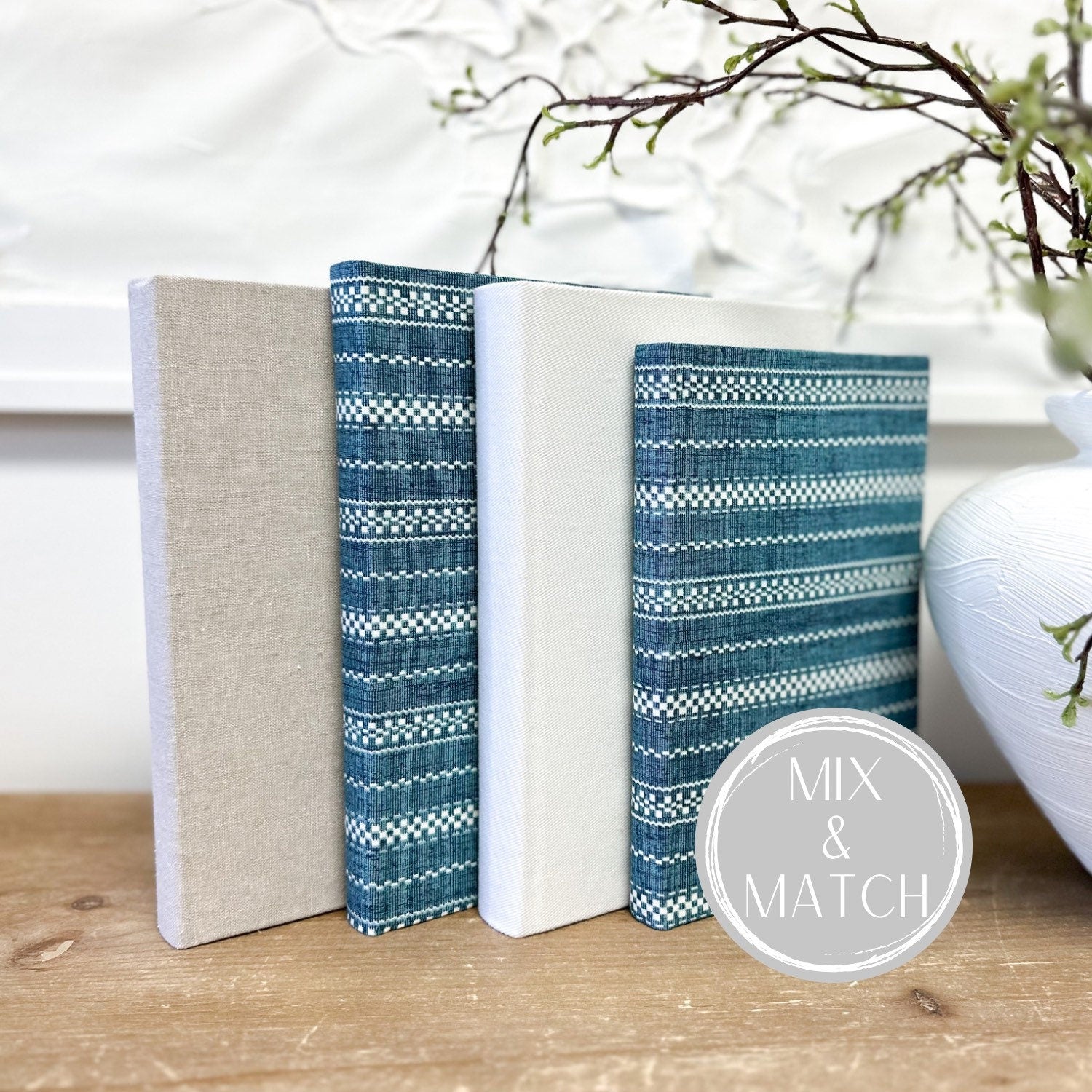 Blue and White Decorative Books, Shelf Decor, Mantel Decor, Fabric Covered Books