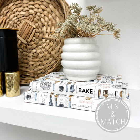 Kitchen Fabric Covered Books, Open Shelving Decor, Kitchen Decor