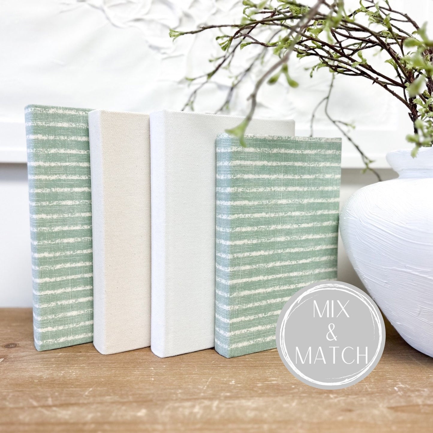 Mint Green Decorative Books, Fabric Covered Book Set for Shelf Decor