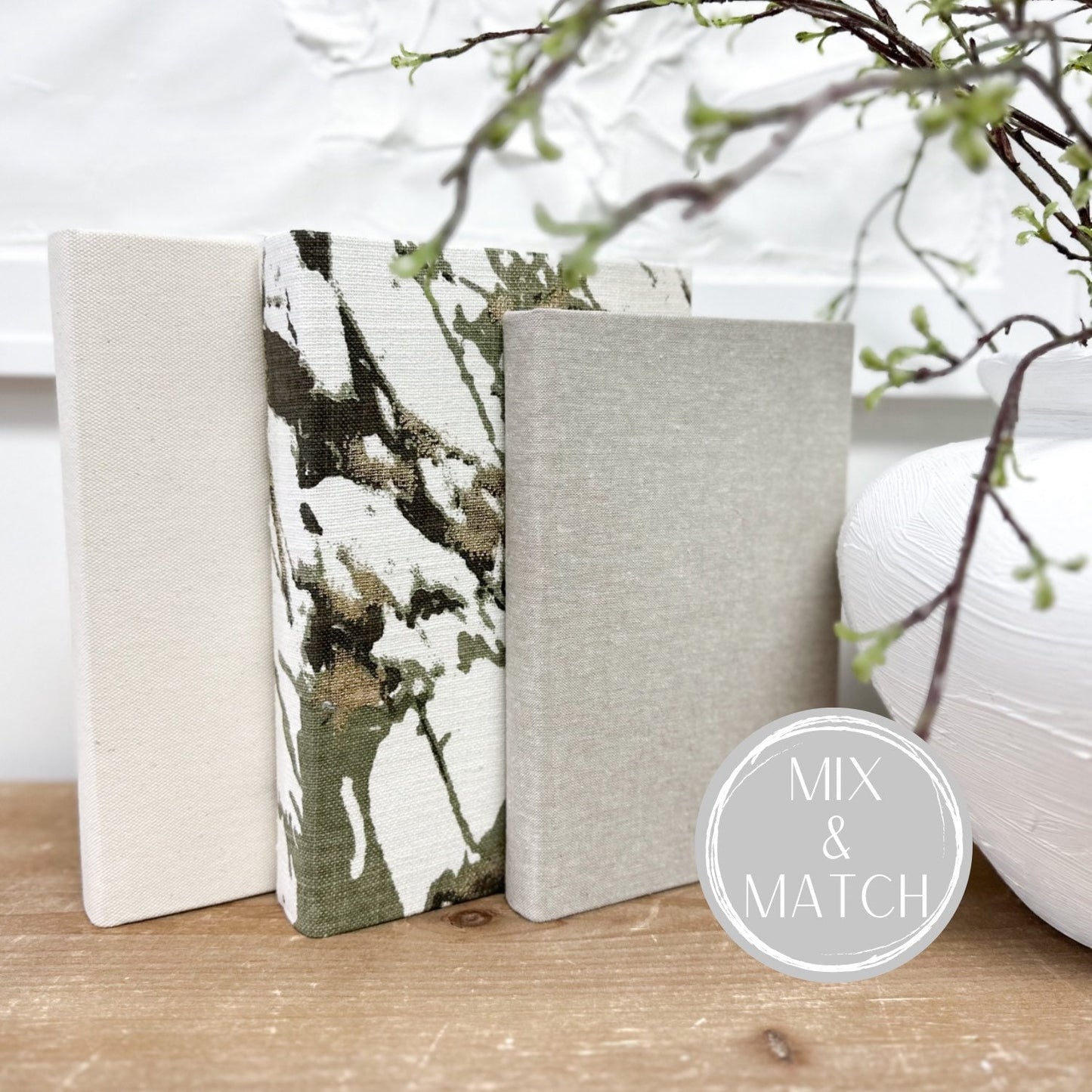 Fabric Wrapped Books for Shelf Decor, Marble Home Decor, Green Modern Decor