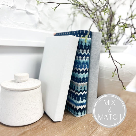 Blue Shelf Decor, Living Room Decorating Ideas, Fabric Covered Books, Home Decor