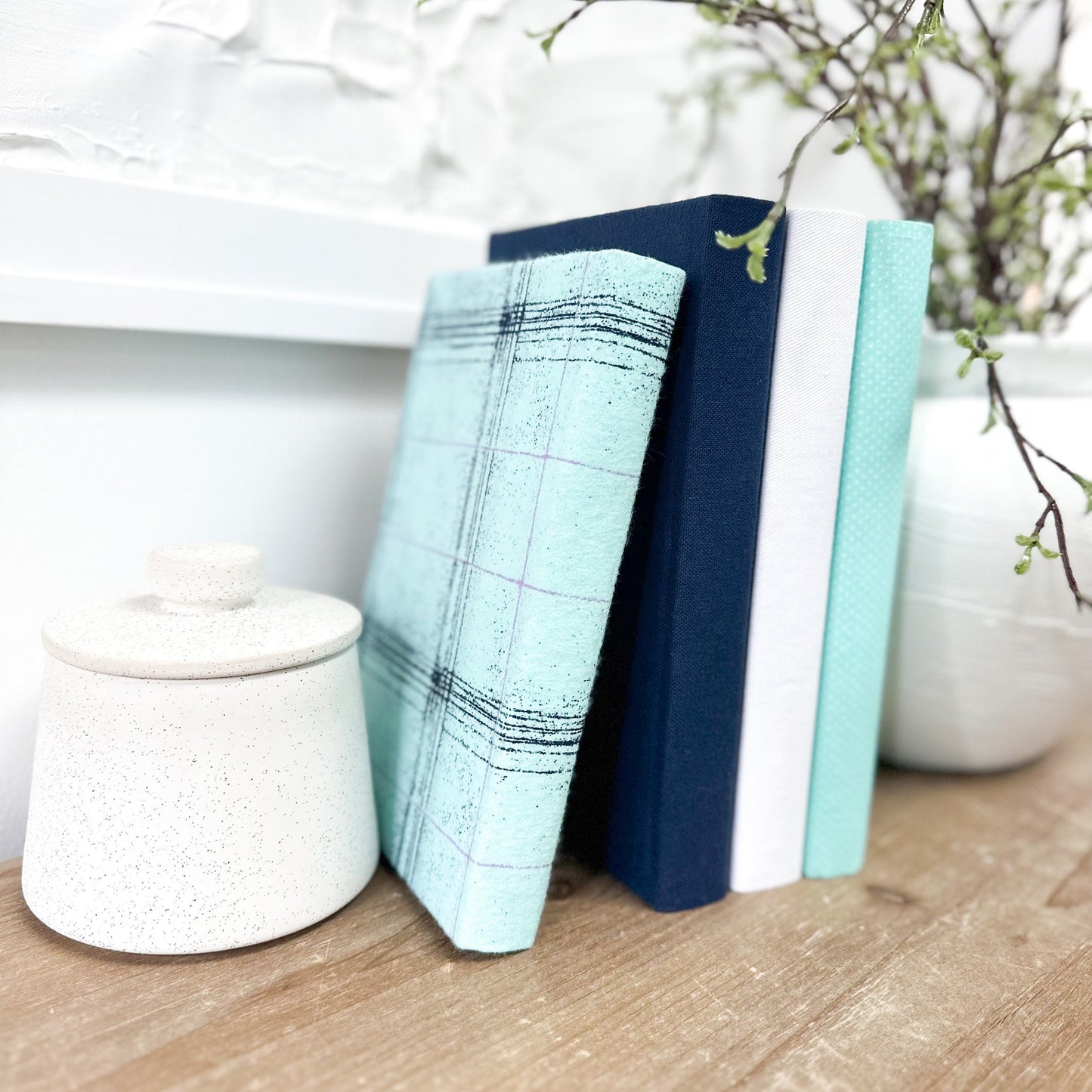 Teal Home Decor, Decorative Book Set, Fabric Covered Books, Shelf Decor