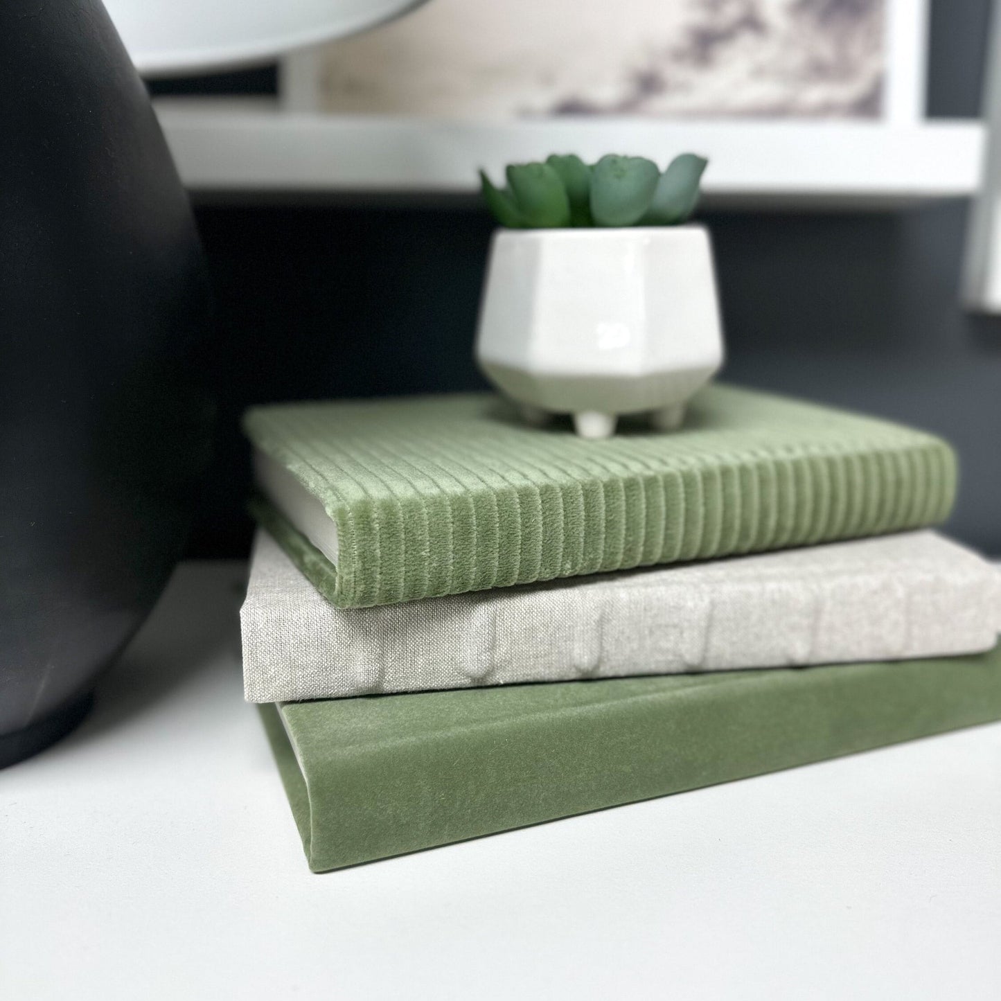 Green Linen Wrapped Books for Shelf Decor, Decorative Books, Book Set, Coffee Table Decor, Book Bundle