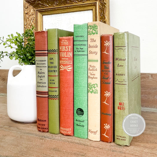 Vintage Green and Red Books for Shelf Decor